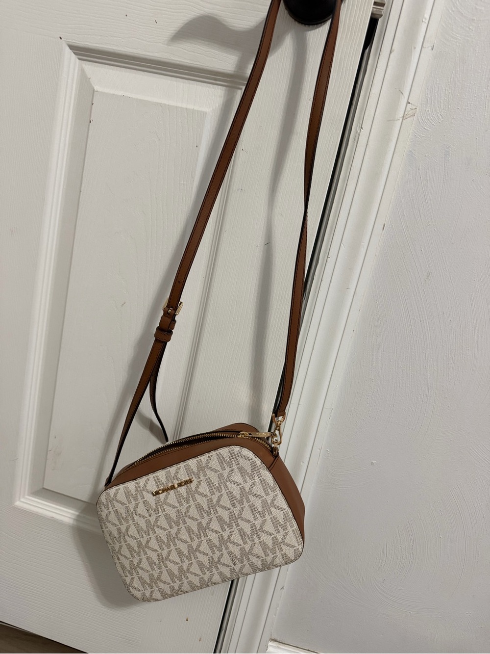 Michael Kors Cream Signature Crossbody with Brown Trim